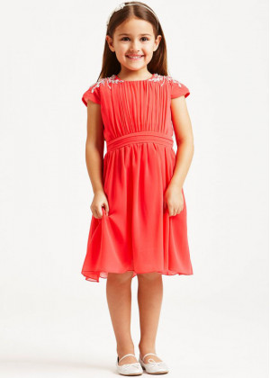 Beaded Coral Pleated Chiffon Knee Length Flower Girl Dress
